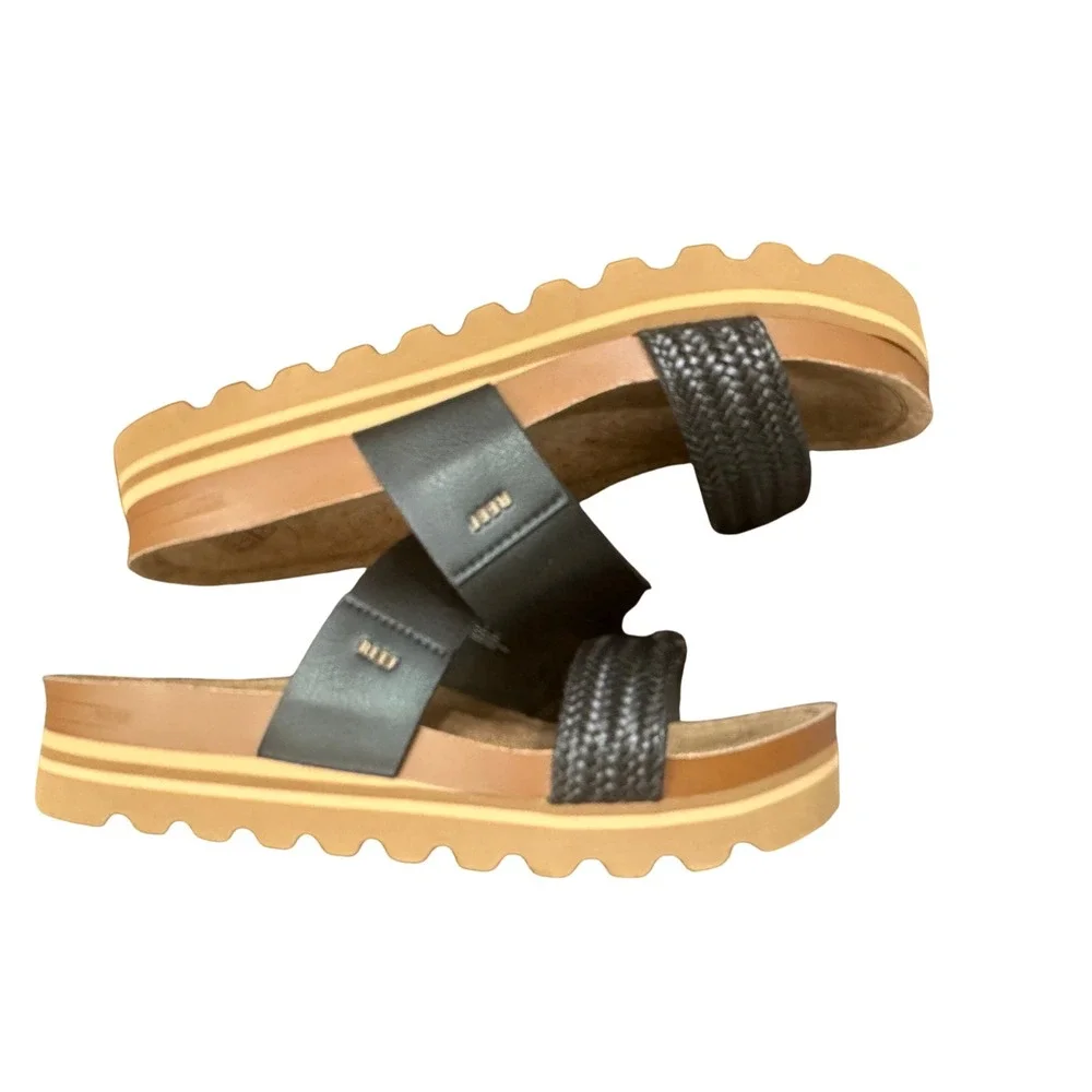 Reef Cushion Vista Hi Platform Sandals Black Braided Cork Slides Womens 10